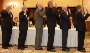 Installation of chapter officers, left to right: George L. Spillers, Chancellor, Brian L. Crawford, registrar; L. Dale Smith, II, secretary-treasurer; David G. McIntire, genealogist, J. Gary Auber, genealogist, Jay Frey, president