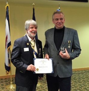 Fort Henry Compatriot David G. McIntire (right) receives the WVSSAR Meritorious Service Award from Central District Vice President General Robert P. Cunningham, April 23, 2016
